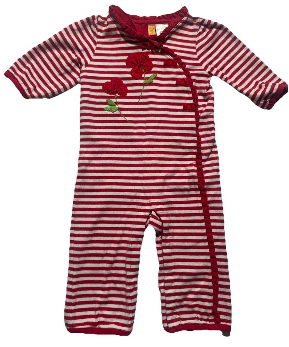 Gymboree Baby Girls Striped Romper 6-9 Months Floral Embroidered Red White